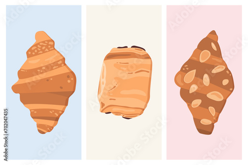 French pastry illustration set. Plain croissant, pain au chocolat and almond croissant vector graphics. 