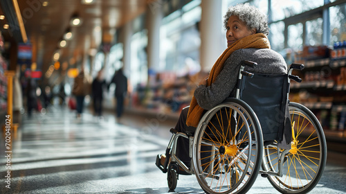 Disabled senior woman in a wheelchair enjoys shopping in a modern supermarket