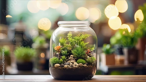Closeup of a tiny terrarium, filled with miniature plants and serving as a unique piece of decor in the office.