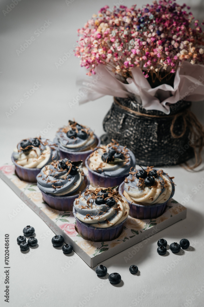 blueberry cupcakes sprinkled with chocolate chips