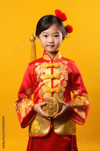 Studio portrait of happy asian girl wear traditional chinese costume on yellow background, Happy chinese new year.