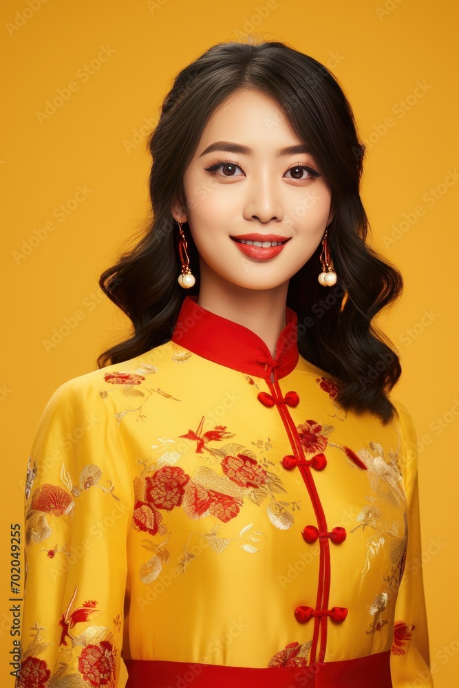 Studio portrait of happy young asian woman wear traditional chinese costume on yellow background, Happy chinese new year. Studio portrait of happy young asian woman wear traditional chinese costume on yellow background, Happy chinese new year.