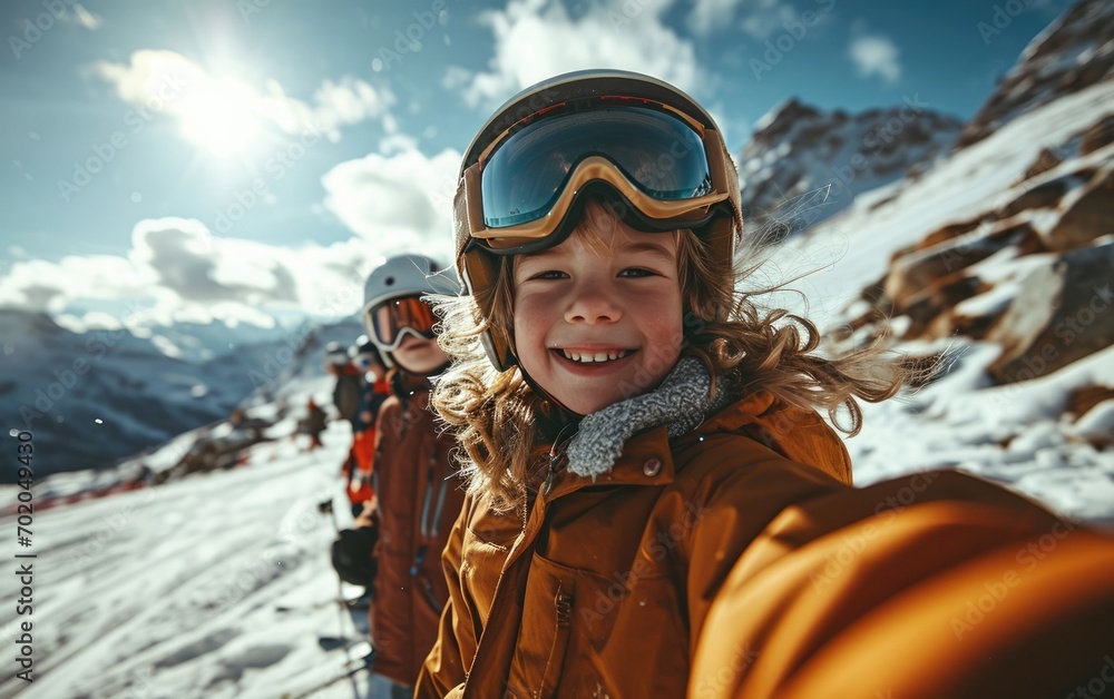 boy skier with friends with Ski goggles and Ski helmet on the snow mountain boy skier with friends with Ski goggles and Ski helmet on the snow mountain