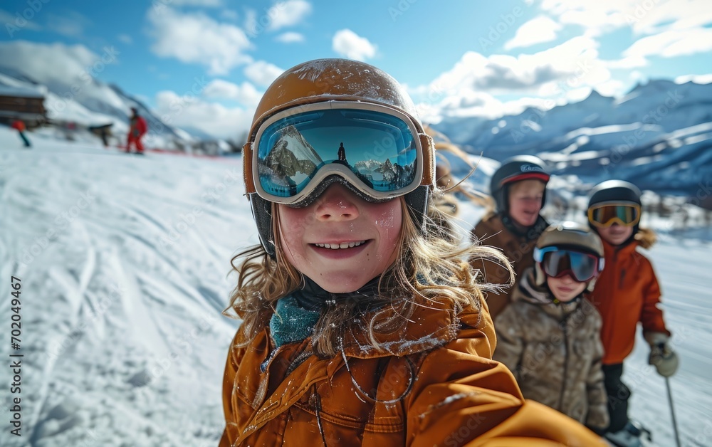boy skier with friends with Ski goggles and Ski helmet on the snow mountain boy skier with friends with Ski goggles and Ski helmet on the snow mountain