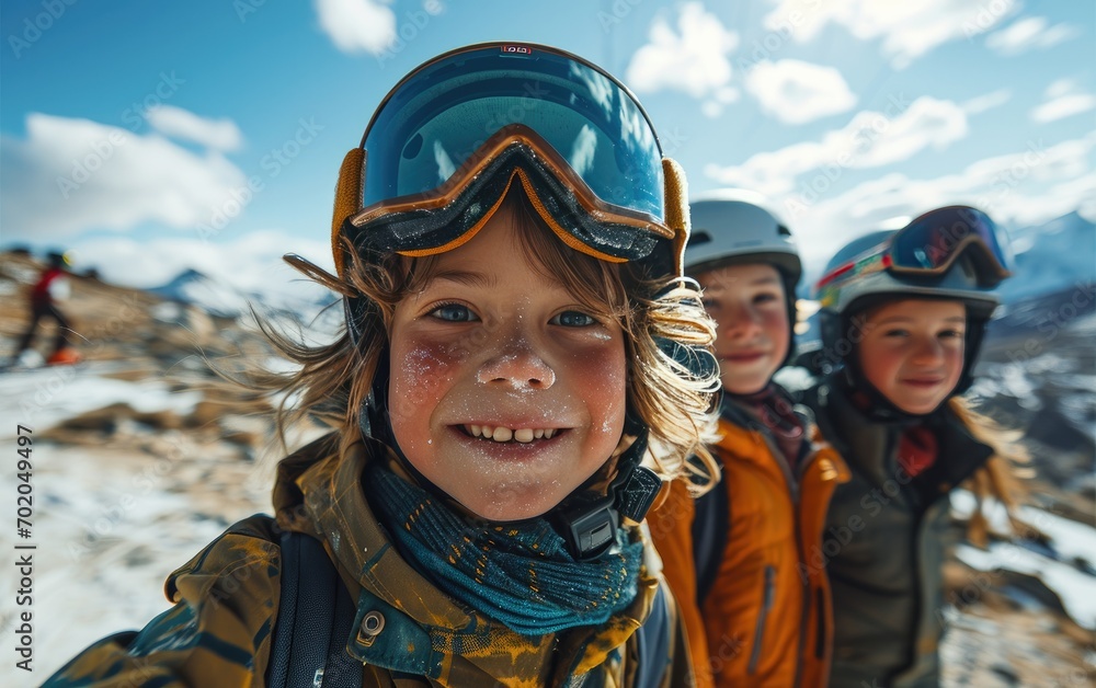 boy skier with friends with Ski goggles and Ski helmet on the snow mountain boy skier with friends with Ski goggles and Ski helmet on the snow mountain