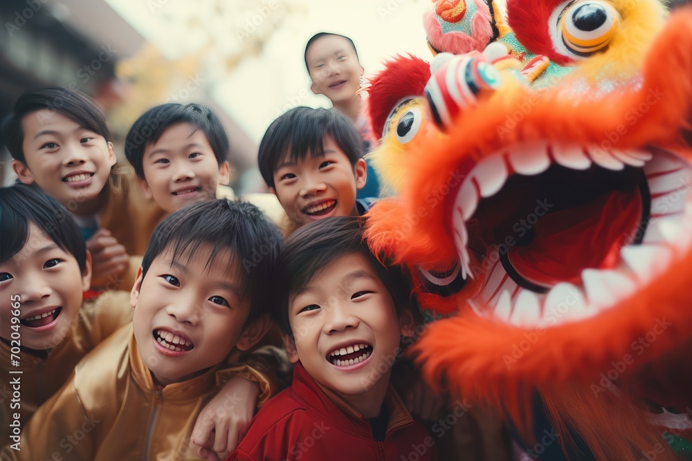 Happy Asian Kids Celebrating Chinese New Year Outdoors Happy Asian Kids Celebrating Chinese New Year Outdoors