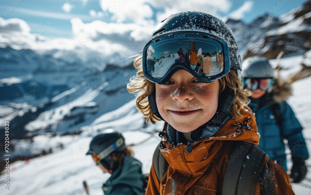boy skier with friends with Ski goggles and Ski helmet on the snow mountain boy skier with friends with Ski goggles and Ski helmet on the snow mountain