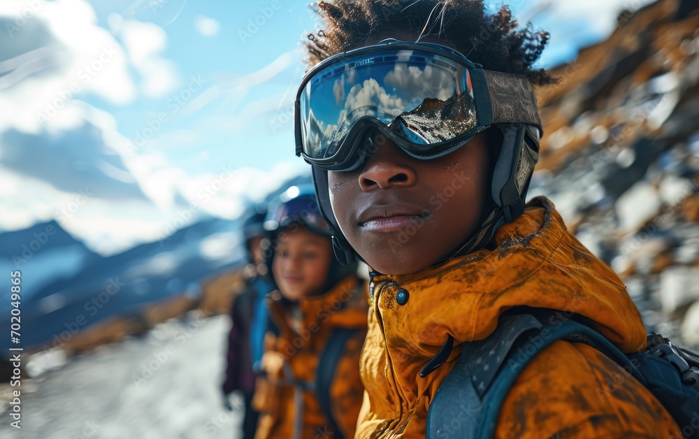 boy skier with friends with Ski goggles and Ski helmet on the snow mountain boy skier with friends with Ski goggles and Ski helmet on the snow mountain