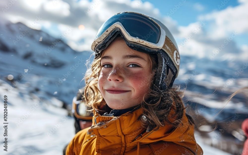 boy skier with friends with Ski goggles and Ski helmet on the snow mountain boy skier with friends with Ski goggles and Ski helmet on the snow mountain