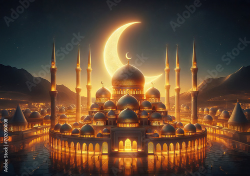 Mosque view in the night with half moon photo