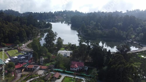 Panoramic aerial view of Kodaikanal Lake in Kodaikanal town, Tamil Nadu, India photo