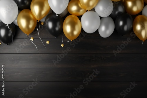 gold, white and black balloon on black wooden background with copy space for text