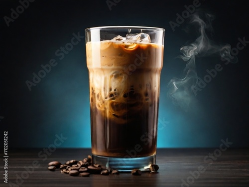 Ice Coffe in a glass with cream poured and beans on a rustic wooden table Cold Drink