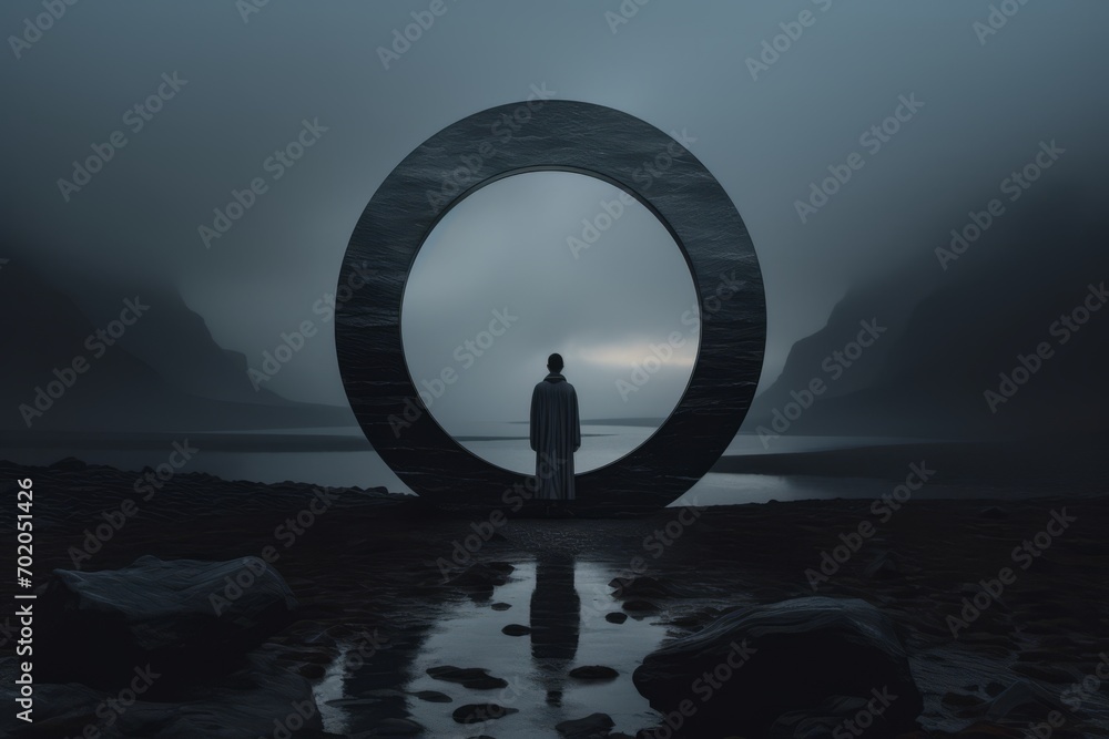 man in front of a magic Portal with the mystical gate in a mysterious place - obrazy, fototapety, plakaty 