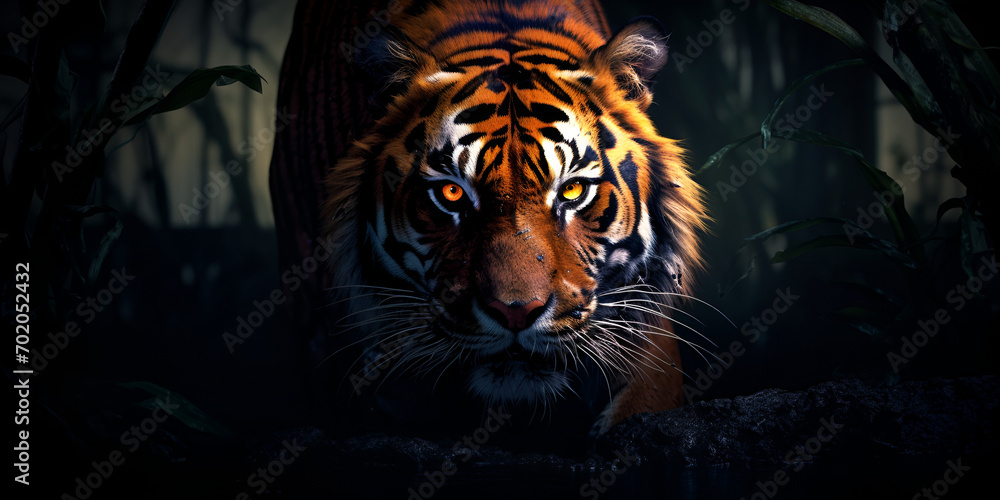 A tiger in a cave with a dark background Silent Night Stalker Tiger in the Enigmatic Cave 