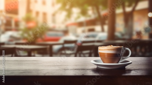 cup of coffee in the morning, Closeup of coffee cup on brown wooden table