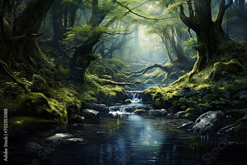 Beautiful fantasy forest with a waterfall in the middle of the river, AI Generated