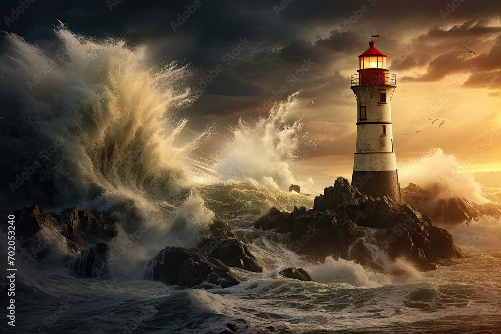 Lighthouse in the sea at sunset, 3d render illustration, AI Generated