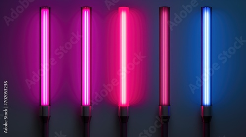 Neon Lightsabers set. Halogen or led lamps for night party or game on dark background. Colorful Light glowing tubes.