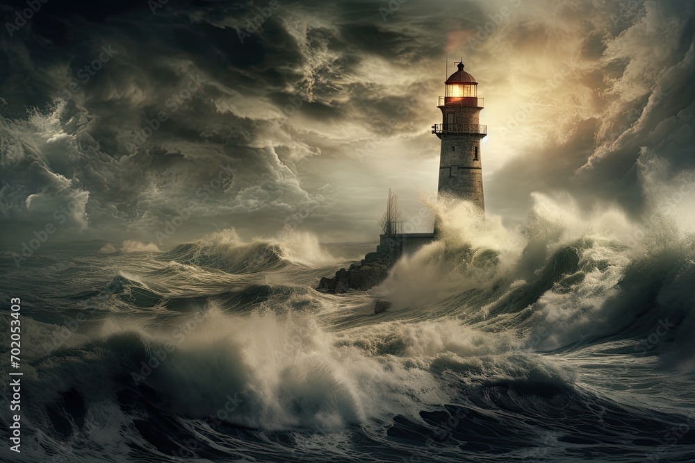 Lighthouse on stormy sea background. Elements of this image are furnished by NASA, AI Generated