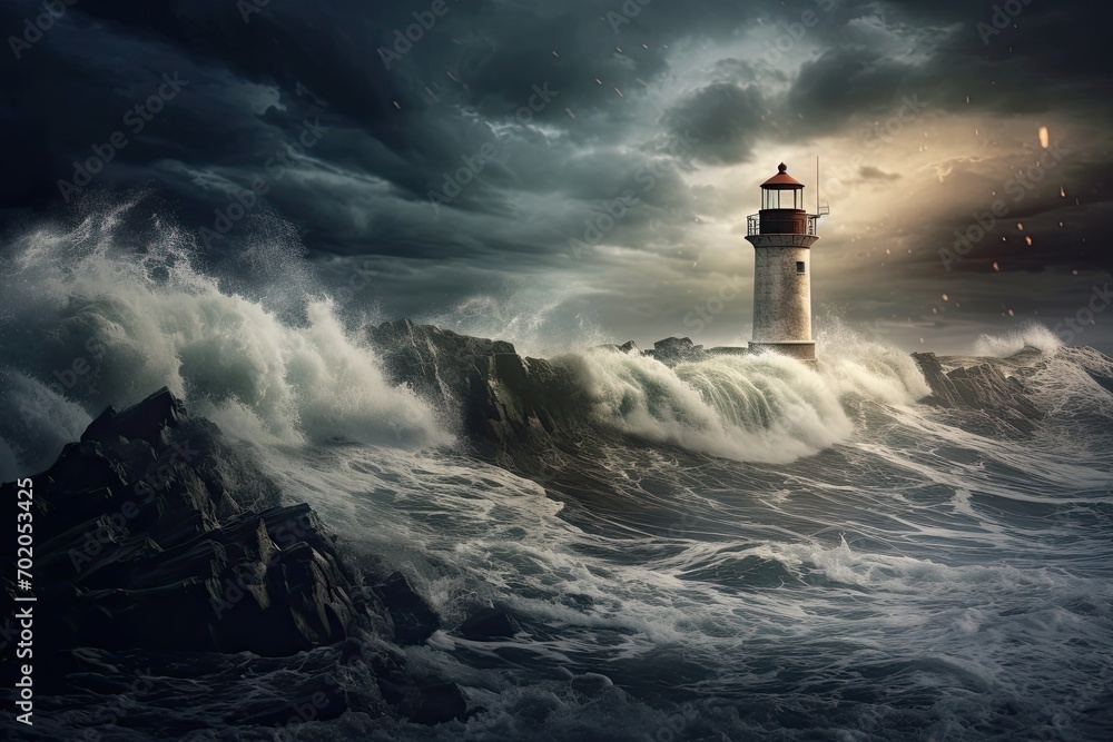 Stormy stormy sea and lighthouse. Mixed media. Mixed media, AI Generated