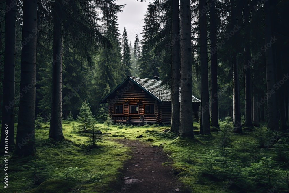 Wooden house in the forest with moss and ferns, AI Generated Wooden house in the forest with moss and ferns, AI Generated