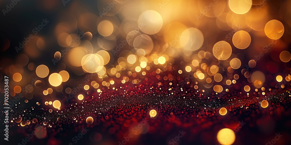 A dark background with gold and red lights. Suitable for luxury, festive, and elegant designs. Perfect for holiday-themed graphics, invitations,red and gold glitter, bokeh, background texture