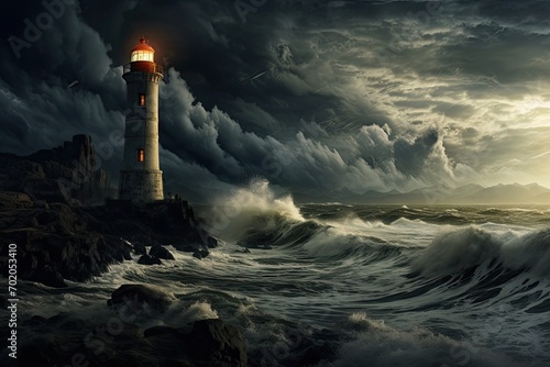 Lighthouse on stormy sea at sunset. 3D rendering, AI Generated photo