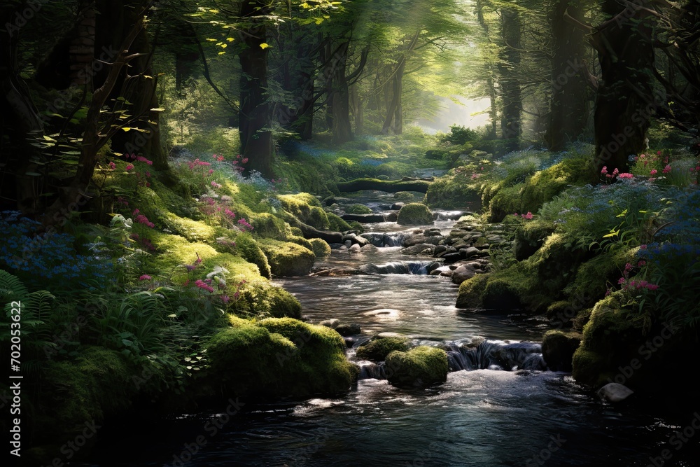 Stream in a green forest with sunbeams and mossy rocks, AI Generated