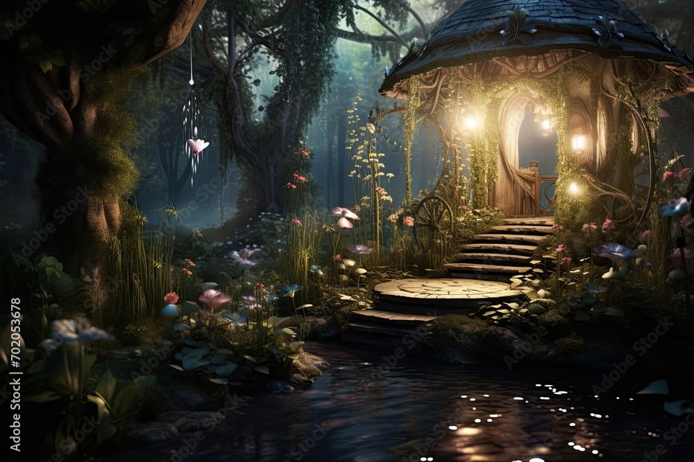 Obraz premium Fantasy landscape with a hut in the forest. 3d rendering, AI Generated