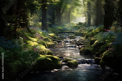 Stream in a green forest with sunbeams and mossy rocks  AI Generated