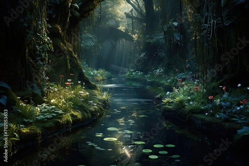 Fantasy scene with a small pond in the forest, Thailand, AI Generated