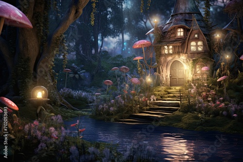 Fantasy landscape with fantasy house in the forest. 3d render, AI Generated