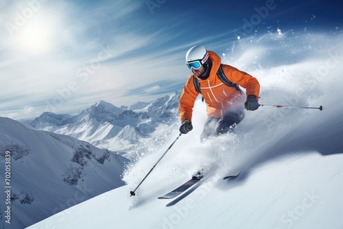 Skier skiing downhill in high mountains. 3D Rendering, AI Generated © Iftikhar alam