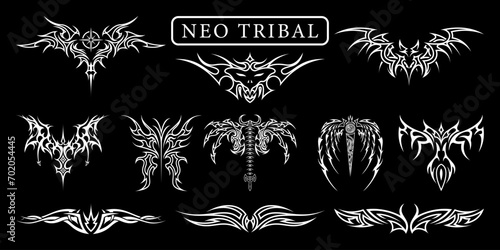 Neo tribal shapes. Gothic sharp elements, modern elements for tattoo, poster, cover, typography, abstract symmetrical design, various decorative elements. Vector set