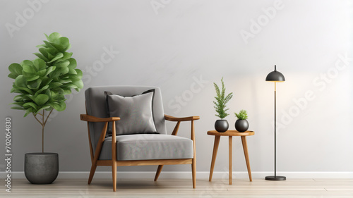 Living room interior with comfortable furniture, coffee tables and floor lamp. Empty wall mock up 