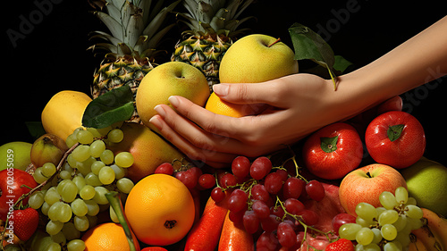Lots of fruits at the hand of a woman  fruits closeup view  vegetable at the hand of a woman  vegetable closeup view
