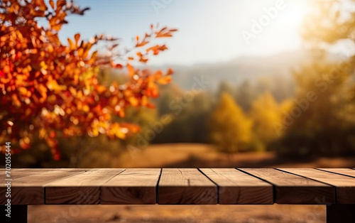 The empty Wooden table inautumn in the forest photo