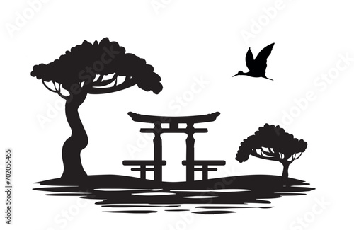 japanese landscape silhouette of torii gate vector
