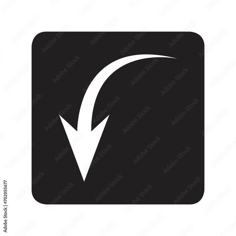 Curved arrow icon vector. Arrow pointer logo design. Arrow down vector icon illustration in square isolated on white background Curved arrow icon vector. Arrow pointer logo design. Arrow down vector icon illustration in square isolated on white background