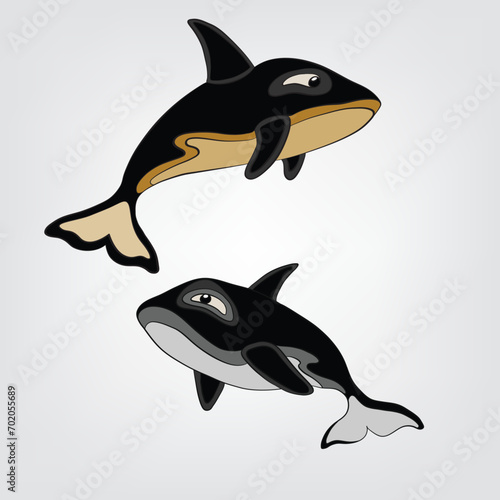 Vector illustration of isolated cartoon orcas