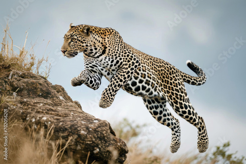 A leopard in mid-leap, showcasing its agility and strength