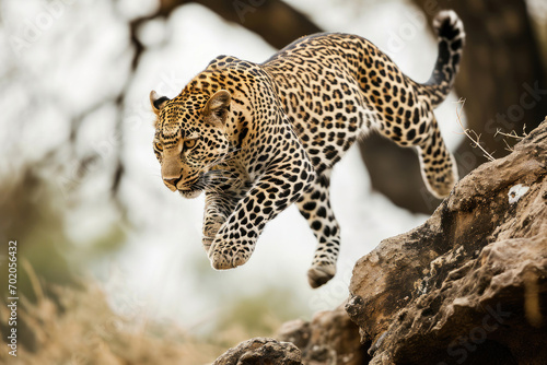 A leopard in mid-leap  showcasing its agility and strength