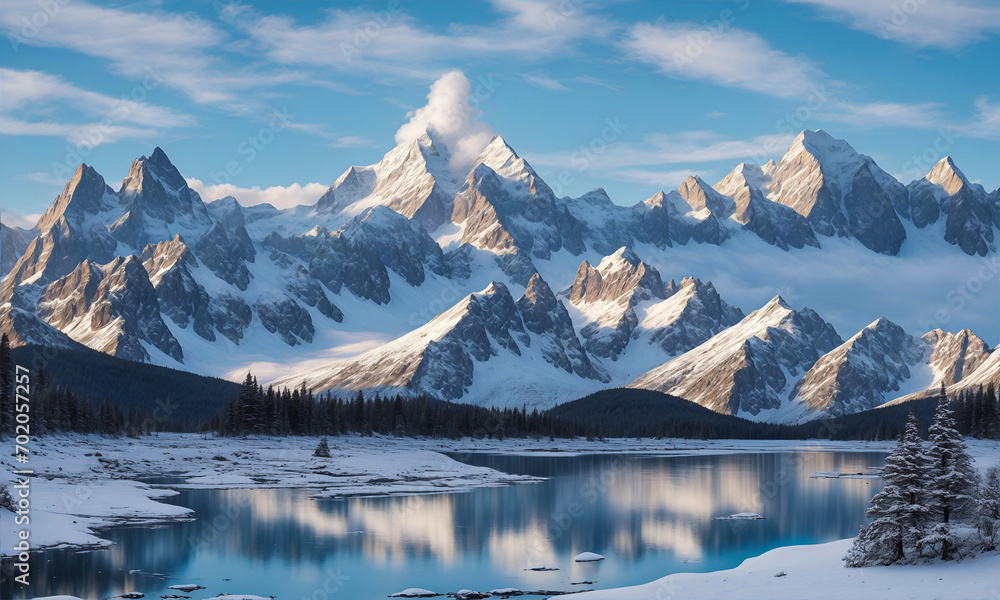 Landscape, A snowcapped mountain range towering majestically. ai generative