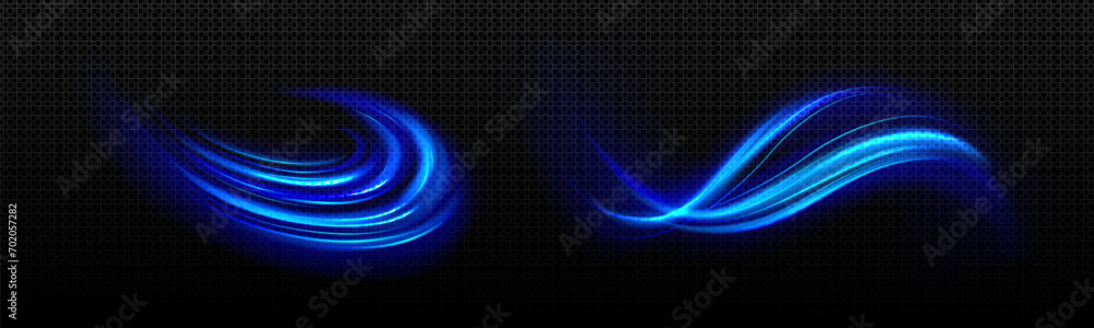 Blue light waved neon elements with swoosh effect. Realistic vector illustration set of magic glowing swirl lines. Flare circular and vortex spin. Abstract 3d luminous and shine twirl trail. - obrazy, fototapety, plakaty 