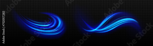 Blue light waved neon elements with swoosh effect. Realistic vector illustration set of magic glowing swirl lines. Flare circular and vortex spin. Abstract 3d luminous and shine twirl trail. photo