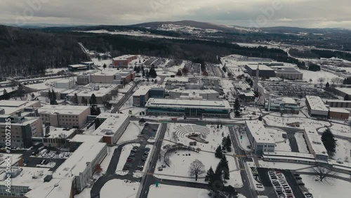 Faculty Buildings At University of Sherbrooke During Winter In Sherbrooke and Longueuil, Quebec, Canada. - aerial shot photo