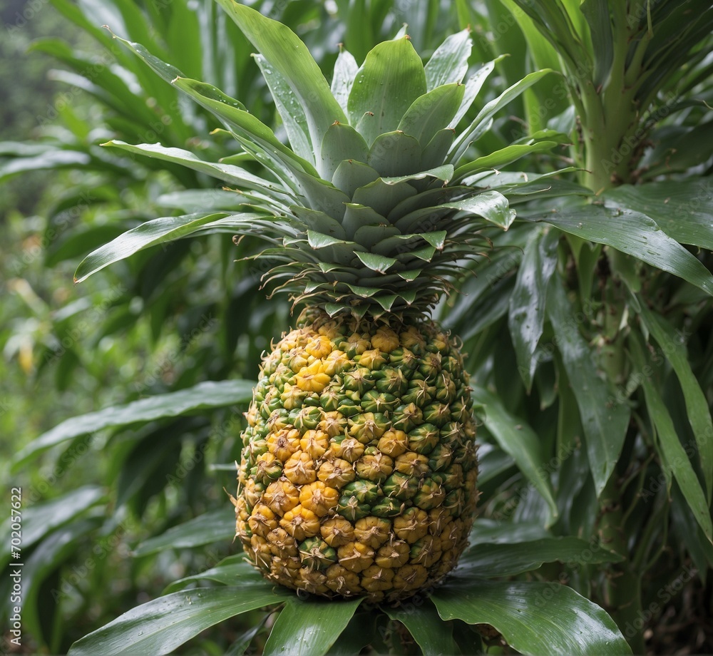 Pineapple on the tree in the garden. Selective focus.