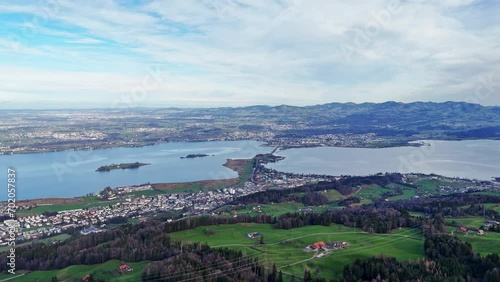 Aerial view over municipalities near lake Zurich and Obersee, Switzerland