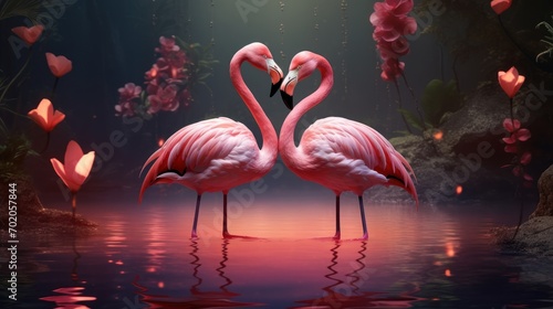 Couple of flamingo on romantic valentines background. Valentine's day greeting card, in love